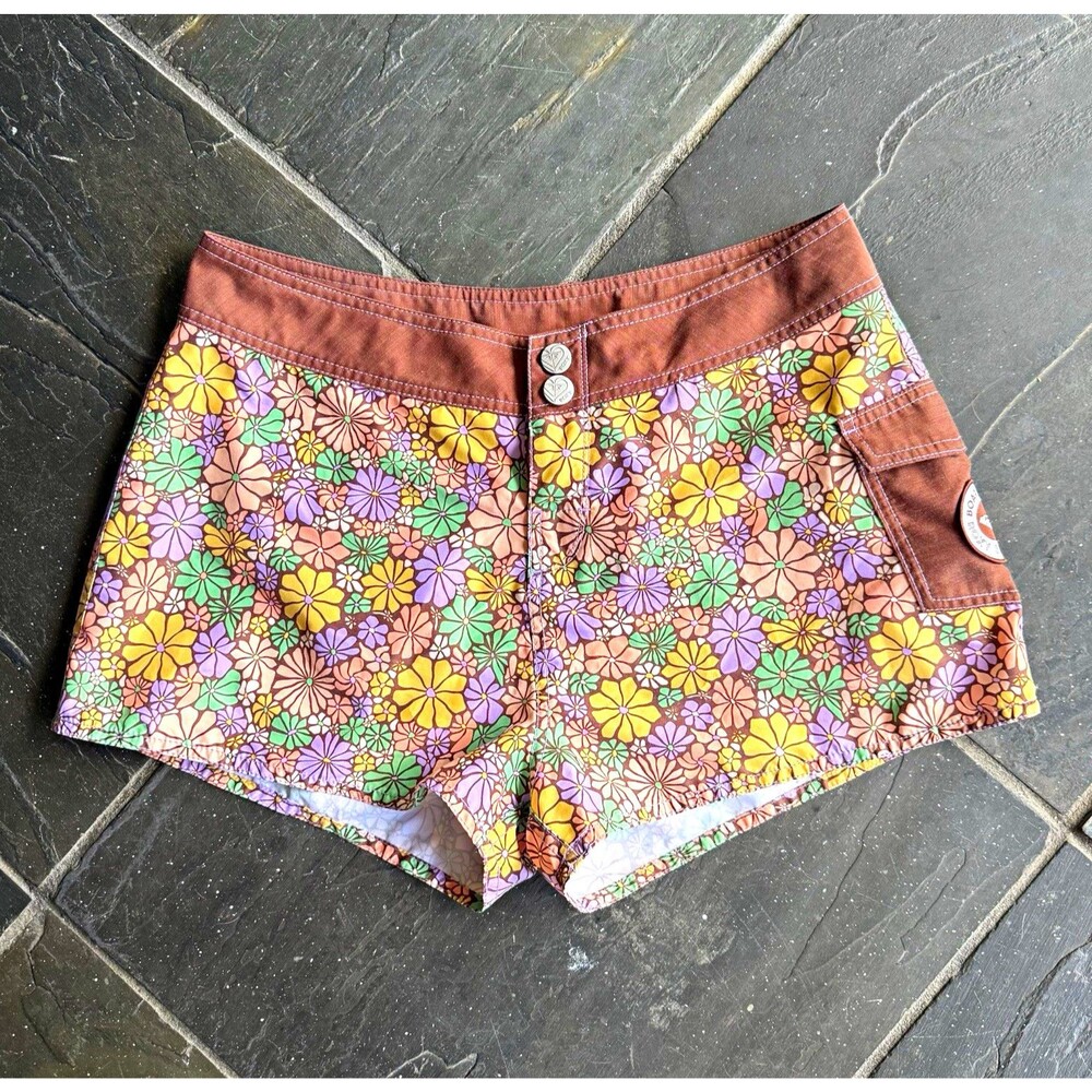 ROXY Women's Floral Swim Shorts Bottom Brown Multicolor Size M